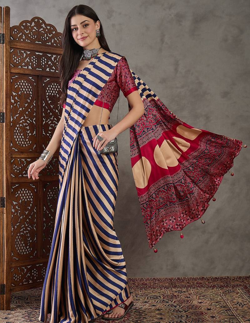 Blue color ready to wear semi modal saree with unstitched designer blouse