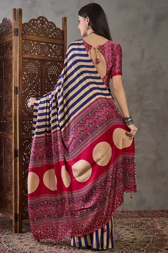 Blue color Pre Pleated semi modal saree with unstitched designer blouse