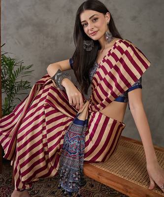 Wine color Pre Pleated semi modal saree with unstitched designer blouse 3