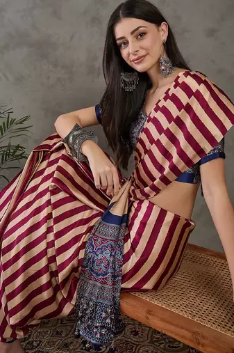Wine color Pre Pleated semi modal saree with unstitched designer blouse