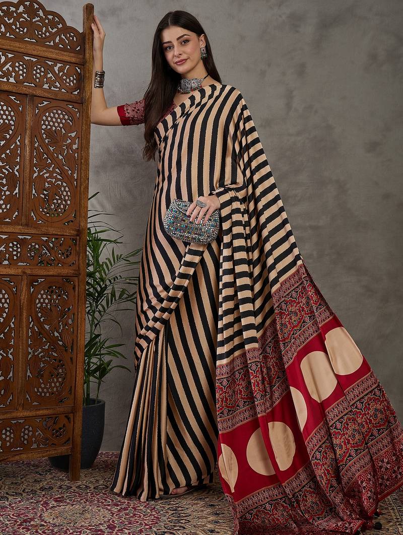 Black color ready to wear semi modal saree with unstitched designer blouse