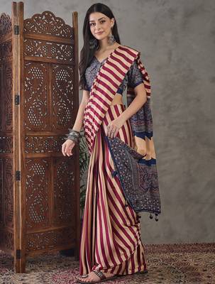 Wine color Pre Pleated semi modal saree with unstitched designer blouse 4