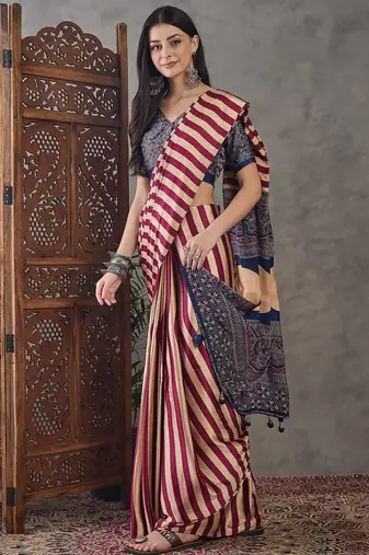 Wine color Pre Pleated semi modal saree with unstitched designer blouse