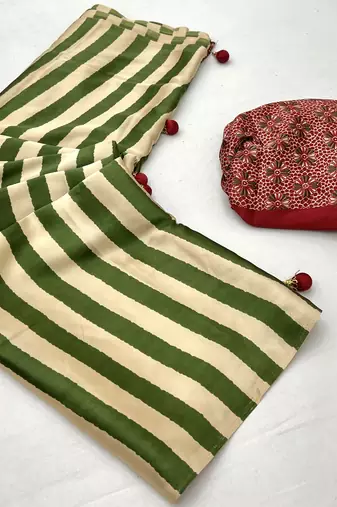 green ready made semi modal saree with designer blouse