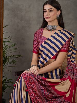 Blue color Pre Pleated semi modal saree with unstitched designer blouse 4