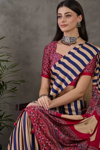 Blue color Pre Pleated semi modal saree with unstitched designer blouse