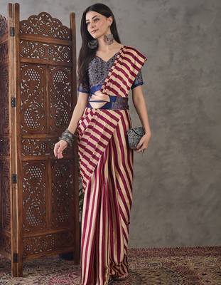 Wine color Pre Pleated semi modal saree with unstitched designer blouse 5