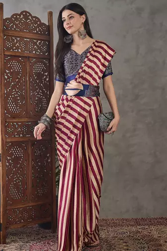 Wine color Pre Pleated semi modal saree with unstitched designer blouse