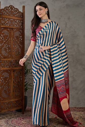 Blue color Pre Pleated semi modal saree with unstitched designer blouse