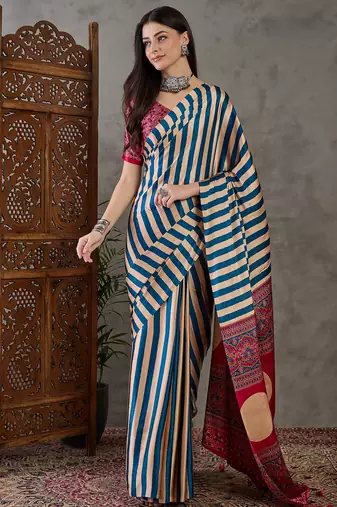 Blue color ready to wear semi modal saree with unstitched designer blouse