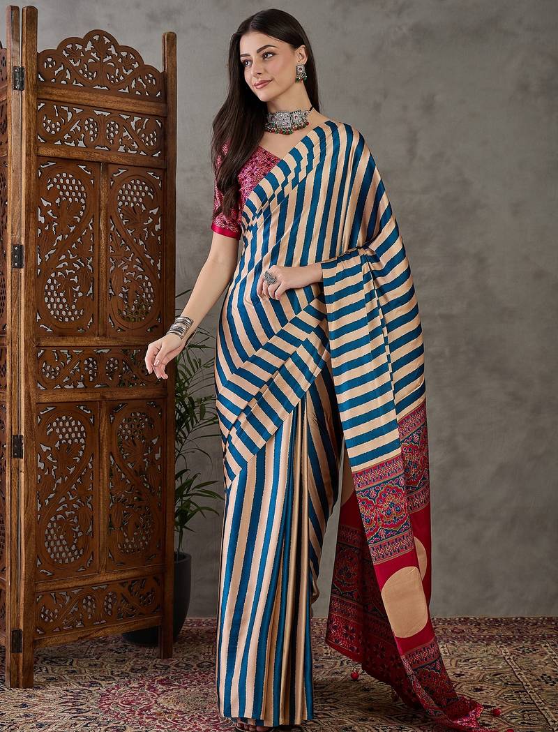 Blue color ready to wear semi modal saree with unstitched designer blouse