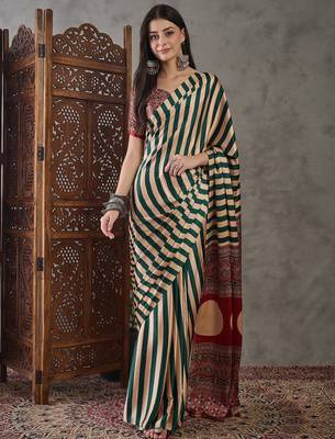 Green color Pre Pleated semi modal saree with unstitched designer blouse 1
