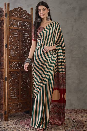 Green color Pre Pleated semi modal saree with unstitched designer blouse