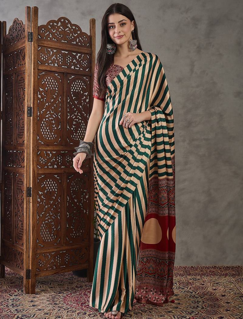 Green color ready to wear semi modal saree with unstitched designer blouse