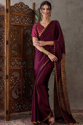 Wine color Pre Pleated semi modal saree with unstitched designer blouse