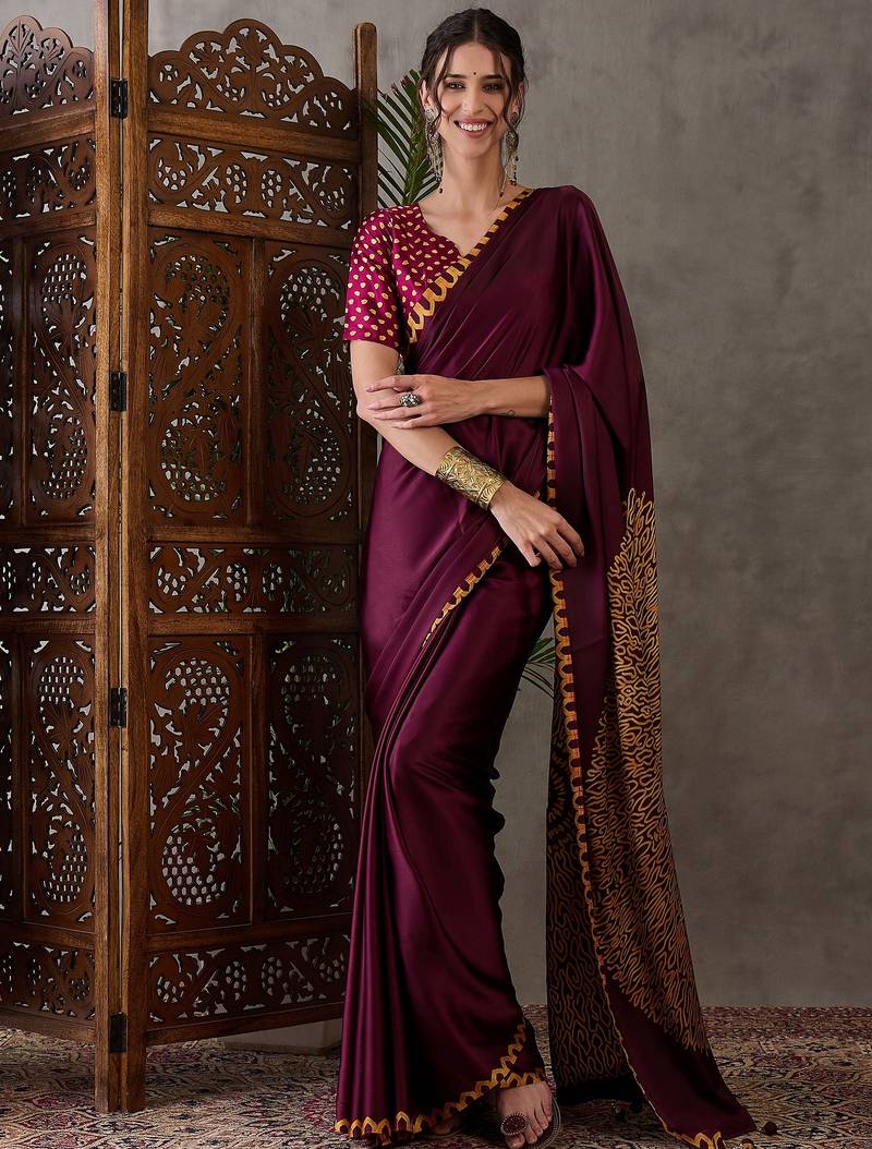 Wine color ready to wear semi modal saree with unstitched designer blouse