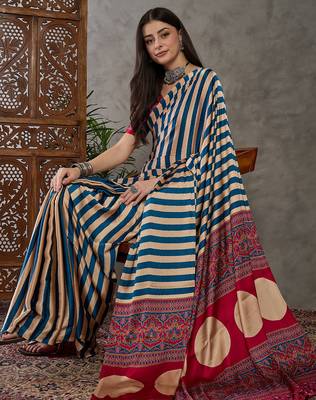 Blue color Pre Pleated semi modal saree with unstitched designer blouse 3