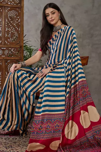 Blue color Pre Pleated semi modal saree with unstitched designer blouse