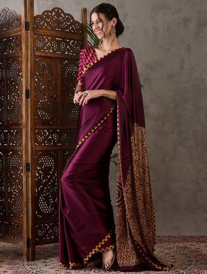 Wine color Pre Pleated semi modal saree with unstitched designer blouse 2
