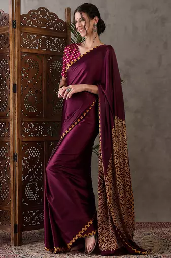 Wine color Pre Pleated semi modal saree with unstitched designer blouse