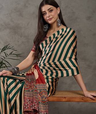 Green color Pre Pleated semi modal saree with unstitched designer blouse 3