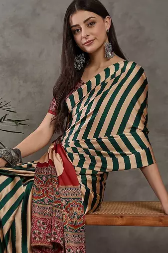 Green color Pre Pleated semi modal saree with unstitched designer blouse