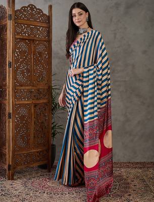 Blue color Pre Pleated semi modal saree with unstitched designer blouse 4