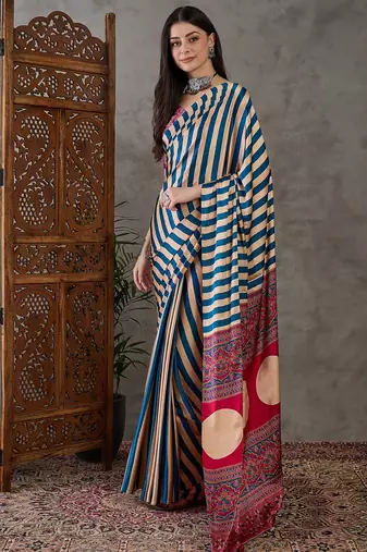 Blue color Pre Pleated semi modal saree with unstitched designer blouse