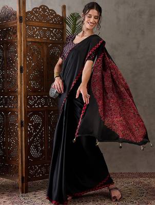 Black color Pre Pleated semi modal saree with unstitched designer blouse 1