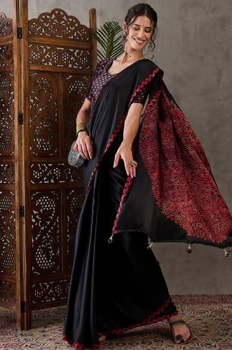 Black color Pre Pleated semi modal saree with unstitched designer blouse