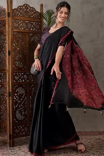 Black color ready to wear semi modal saree with unstitched designer blouse