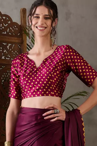Wine color Pre Pleated semi modal saree with unstitched designer blouse