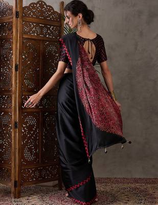 Black color Pre Pleated semi modal saree with unstitched designer blouse 2