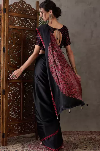 Black color Pre Pleated semi modal saree with unstitched designer blouse