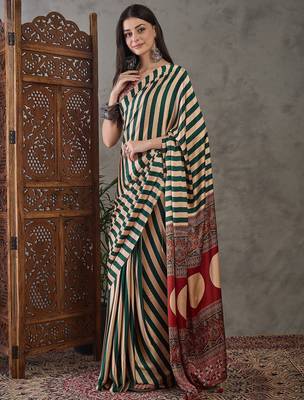 Green color Pre Pleated semi modal saree with unstitched designer blouse 4