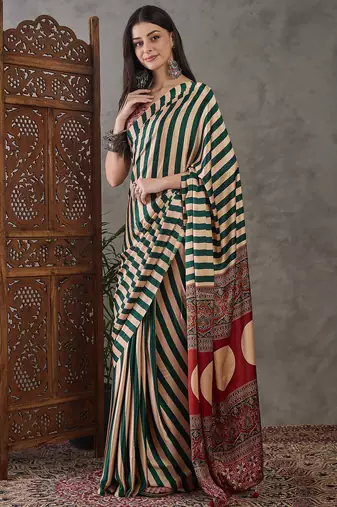 Green color Pre Pleated semi modal saree with unstitched designer blouse