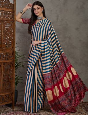 Blue color Pre Pleated semi modal saree with unstitched designer blouse 5