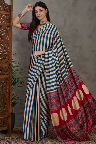 Blue color Pre Pleated semi modal saree with unstitched designer blouse
