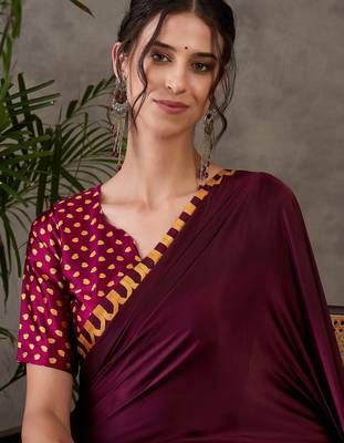 Wine color Pre Pleated semi modal saree with unstitched designer blouse 4