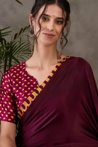 Wine color Pre Pleated semi modal saree with unstitched designer blouse