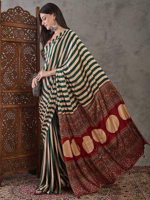 Green color Pre Pleated semi modal saree with unstitched designer blouse 5