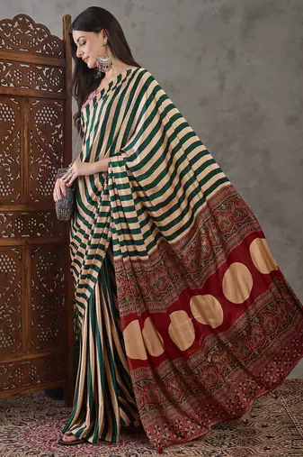 Green color Pre Pleated semi modal saree with unstitched designer blouse