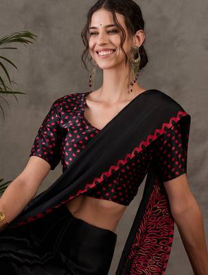 Black color Pre Pleated semi modal saree with unstitched designer blouse 4