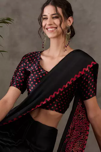 Black color Pre Pleated semi modal saree with unstitched designer blouse