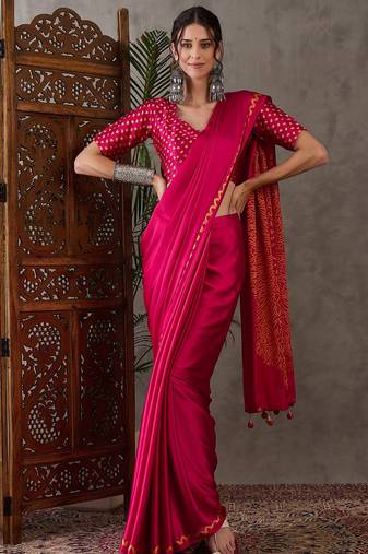 Pink color Pre Pleated semi modal saree with unstitched designer blouse