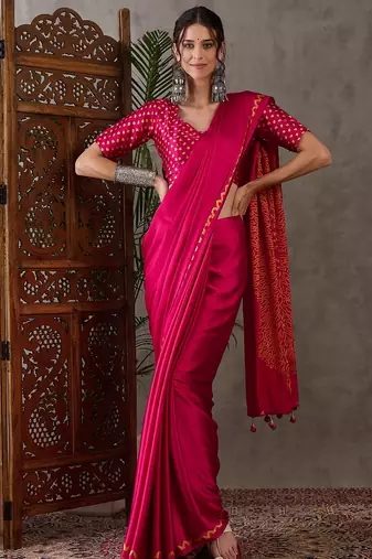 Pink color ready to wear semi modal saree with unstitched designer blouse