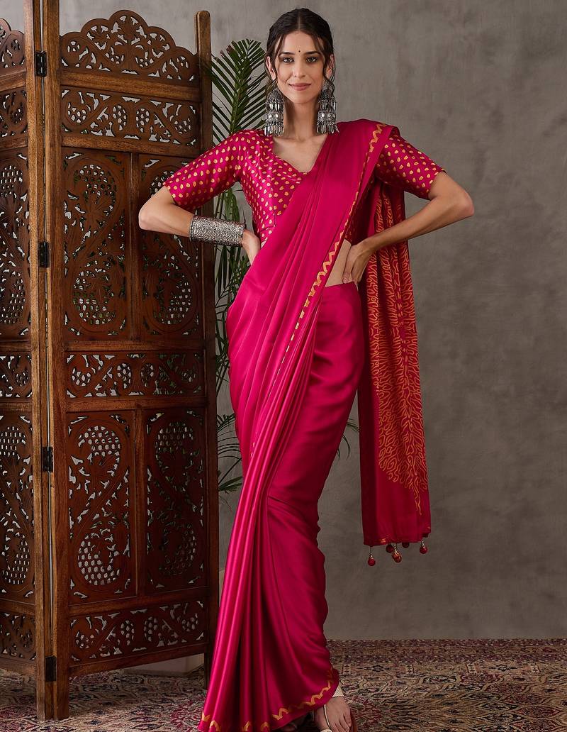 Pink color ready to wear semi modal saree with unstitched designer blouse