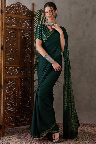 Green color Pre Pleated semi modal saree with unstitched designer blouse