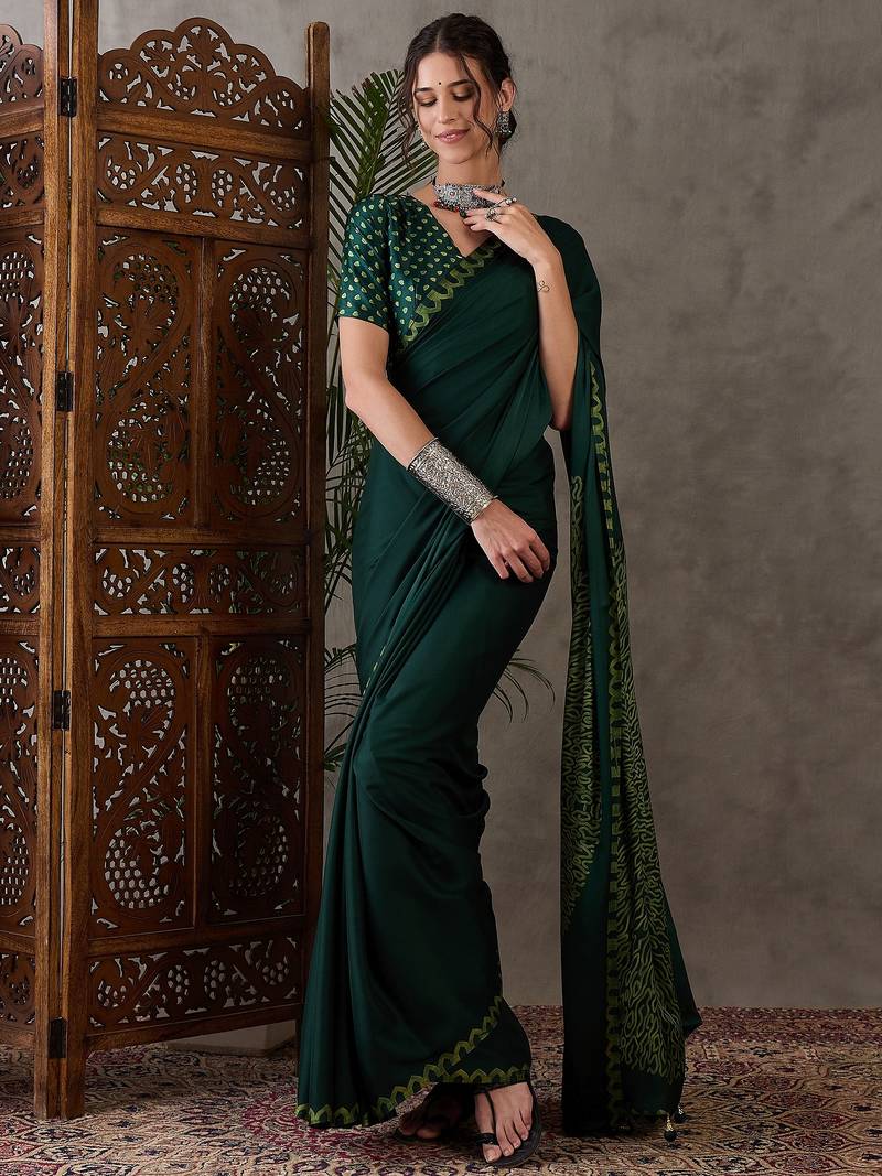 Green color ready to wear semi modal saree with unstitched designer blouse