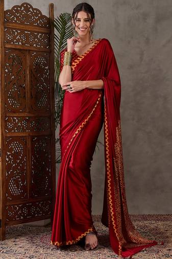 Red color ready to wear semi modal saree with unstitched designer blouse